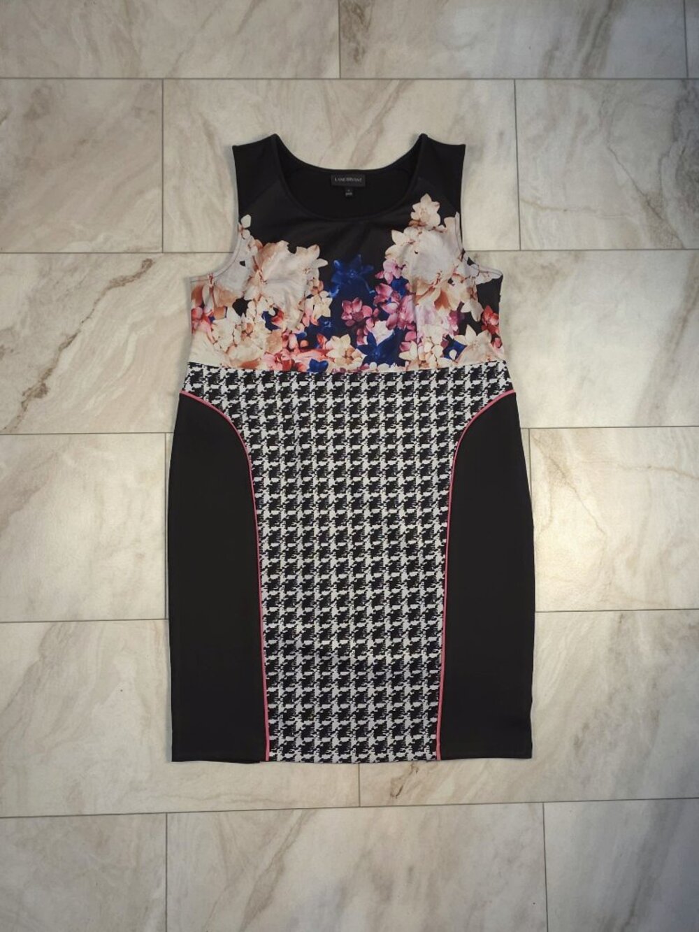 Lane Bryant Women's Size 18 Floral Scuba Sheath Dress Black Houndstooth Knee Len